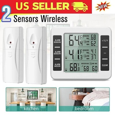 NEW Wireless Digital Refrigerator Freezer Thermometer Temp Alarm Dual Sensor USA