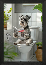 Schnauzer Dog Reading on Toilet Framed Wall Art Poster Canvas Print Picture