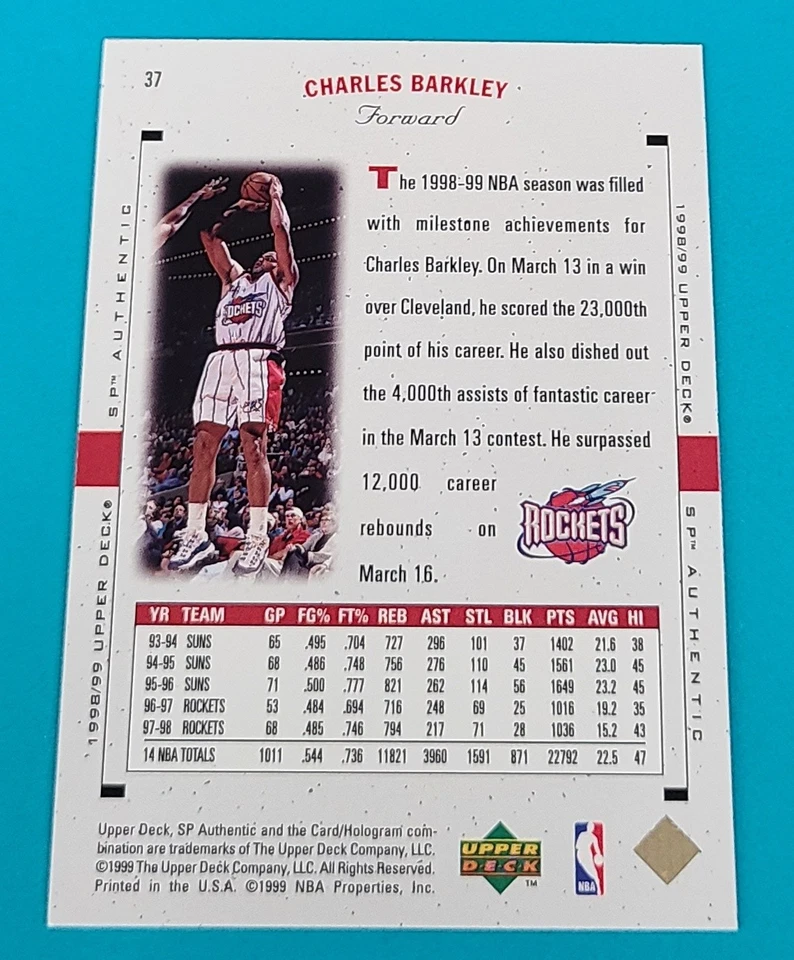 1998-99 SP Authentic #37 Charles Barkley Houston Rockets BASKETBALL Card K6 - Image 2 of 2