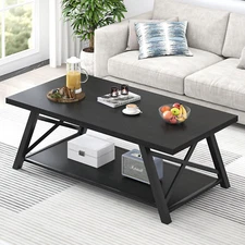 Black Coffee Table, Modern Wood and Metal Center Table with Storage Shelf, Indus