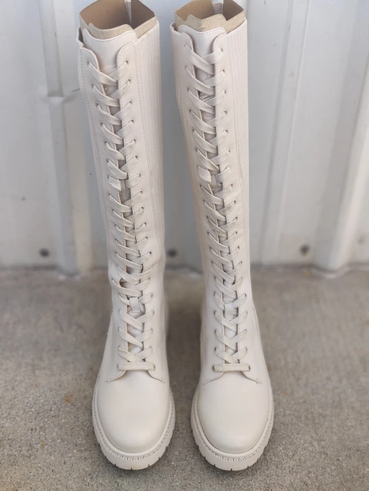Sam Edelman Lila Womens Size 7 M Cream Leather / Fabric Lace Up 16" Tall Boots - Image 3 of 4