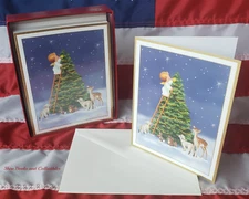 NEW Holiday Box 15 Cards & 16 Envelopes Angel Christmas Tree Animals Star Ladder