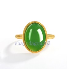 Certified natural Hotan Jade spinach green 925 silver inlaid big egg face ring