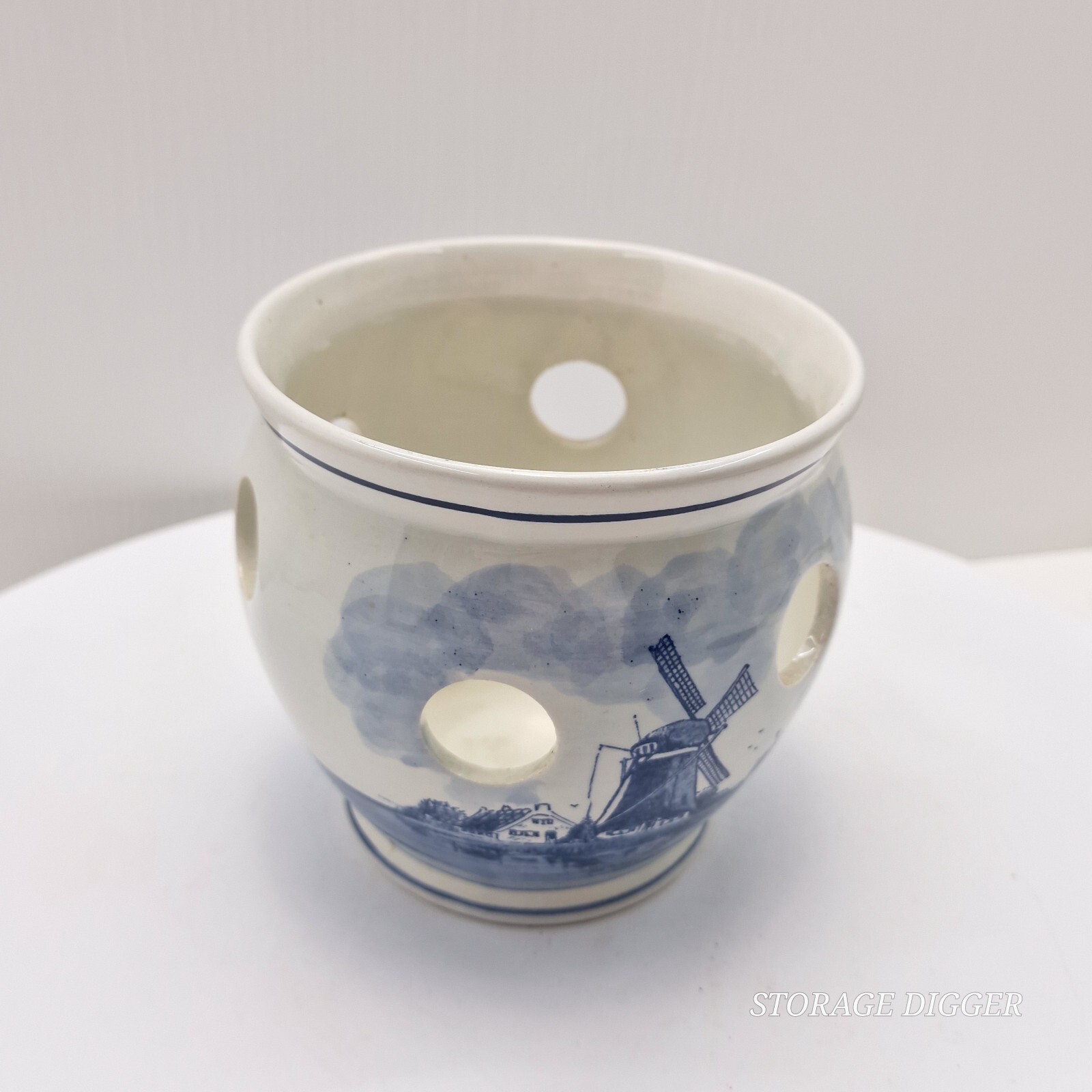 VTG Delft Blauw Crocus Bowl/Bulb Planter Hand Painted Windmill Sailboat Holland