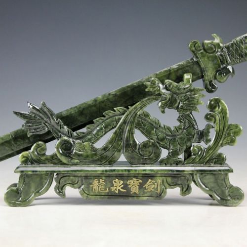 Oriental Vintage Chinese Handwork Carved Jade Dragon Sword Statue