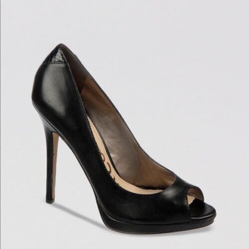 Women’s SAM EDELMAN Ella Black Smooth Leather Peep Toe Pumps Size 8.5 - Picture 1 of 7