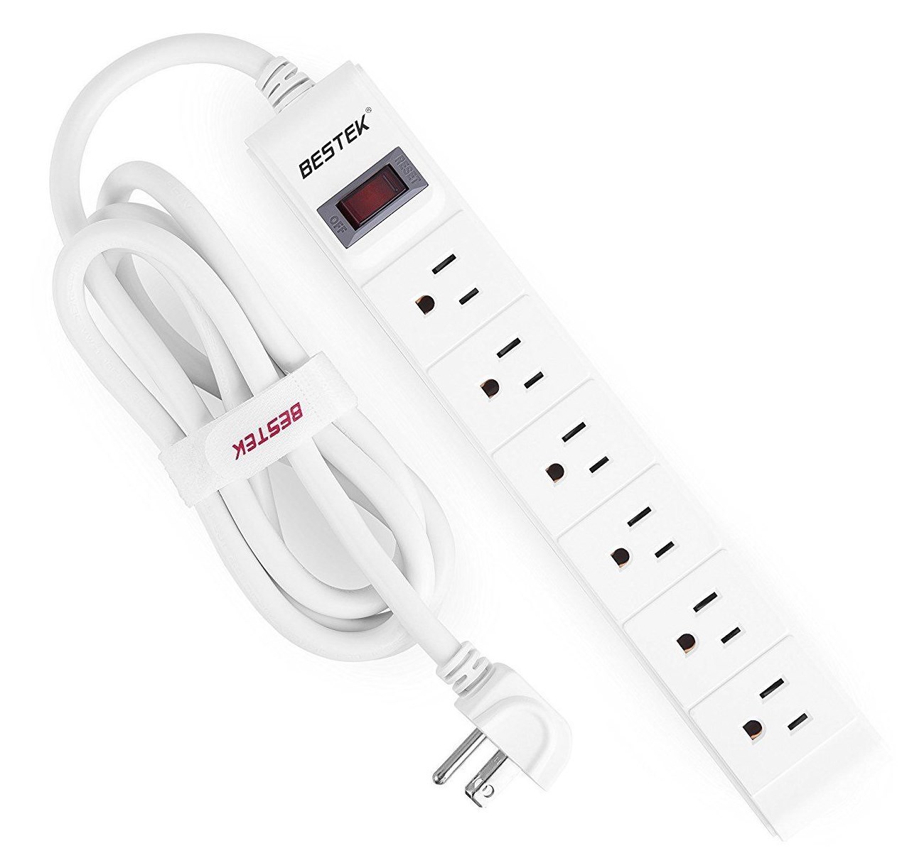 SURGE PROTECTOR White Power Strip w/ Right angLe Plug & 6 Outlets BESTEK MRJ6005-image