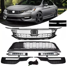 Front Upper/Lower Grille W/Fog Light Combo Set Fits Honda Accord Sedan 2016-2017