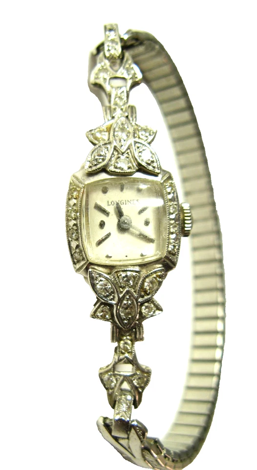 Reloj Longines Oro Blanco 14K Diamante Suizo Damas Vintage 17 Joyas 7"" Elástico Foto 4 de 4