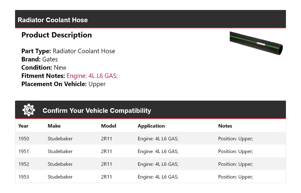 For 1950-1953 Studebaker 2R11 4L L6 GAS Radiator Coolant Hose Upper Gates 1951 - Image 2 of 4