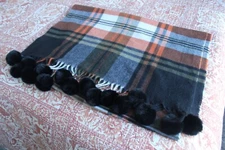 Super Soft G Brand Acrylic Pom Pom Plaid Scarf Blanket Blue Orange Green White