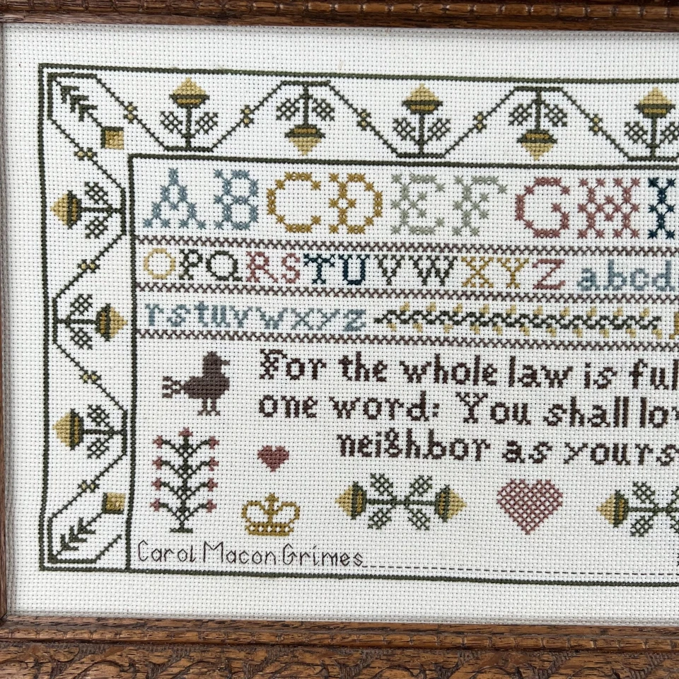 Muestreador de punto de cruz enmarcado Love Your Neighbor Bible Versículo firmado de colección 1994 Foto 2 de 4