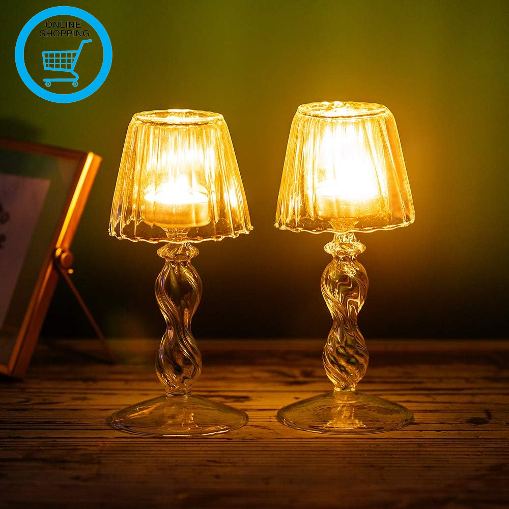 2Pcs Lamp Shape Glass Tealight Holder, Crystal Candle Holders Centerpiece, Party