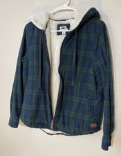LL Bean Flannel Black Watch Tartan Plaid Sherpa Jacket Small Relaxed Fit Hooded