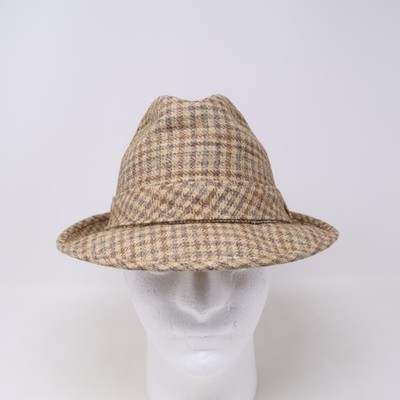 Vintage Knox Fedora Hat Size 7 Beige Plaid Wool Blend