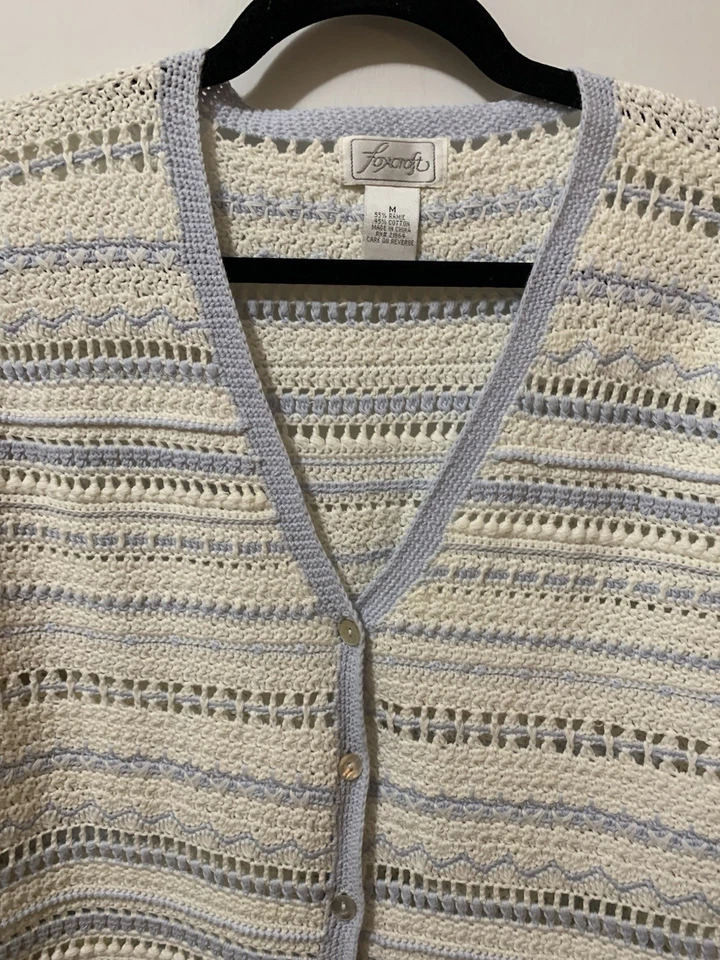 Vintage Crochet Cardigan Sweater Womens Medium Blue Cream Grandmacore Foxcroft - Image 2 of 4