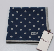 Roda NWT Wool/Silk/Polyamide Blend Pocket Square In Blue w/ Gray Polka Dots