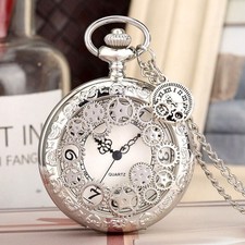 Silver Half Hunter Hollow Wheel Unisex Quartz Pocket Watch Chain Arabic Number