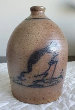 Rowe Pottery Works Salt Glazed Stoneware Jug Blue Chicken Design Cambridge WI