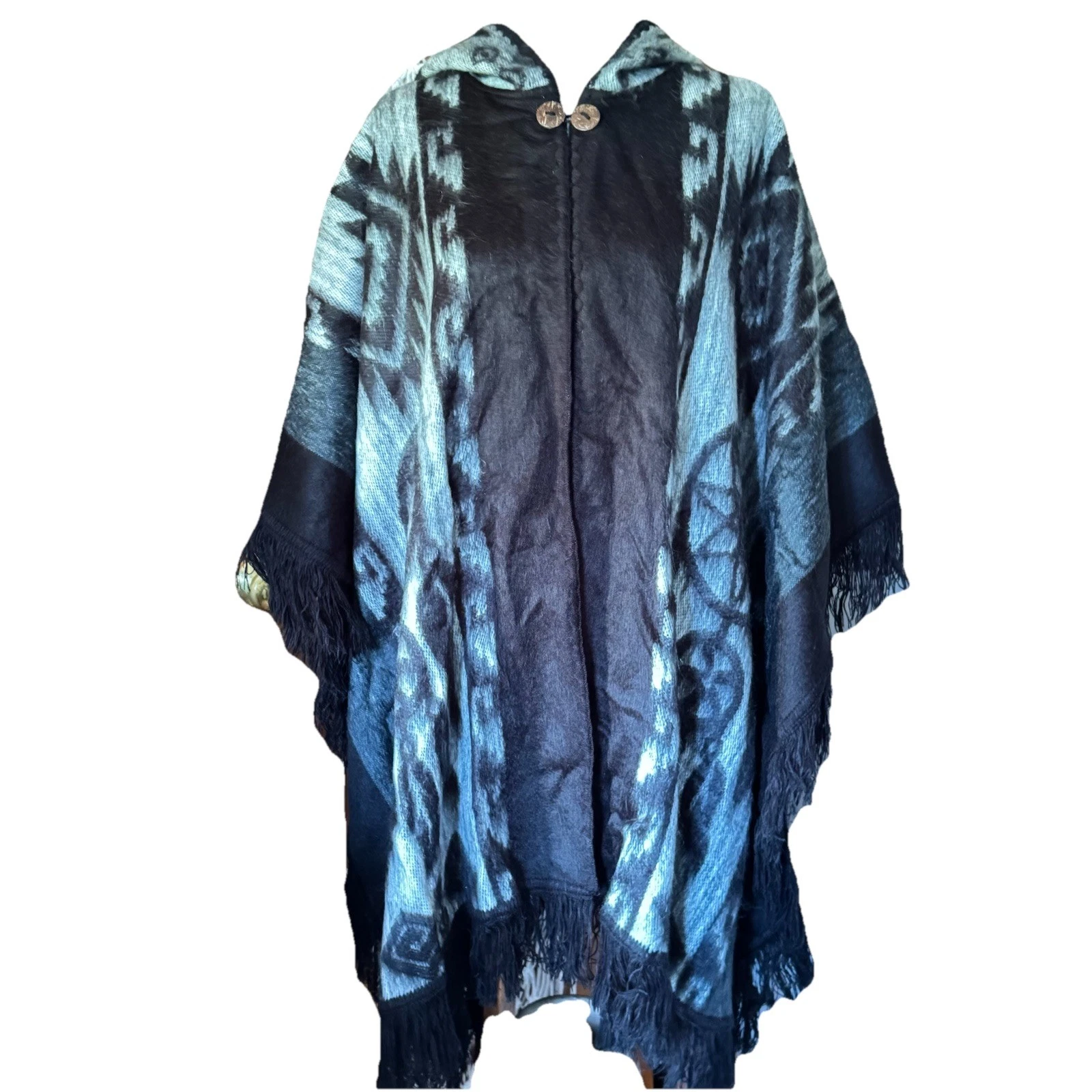 ALPACA PONCHO UNISEX HOODED BLACK GRAY NATIVE AMERICAN FRINGE