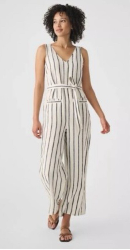 FAHERTY Catalina Linen Jumpsuit Sleeveless Sz S Navy Off White Stripe EUC