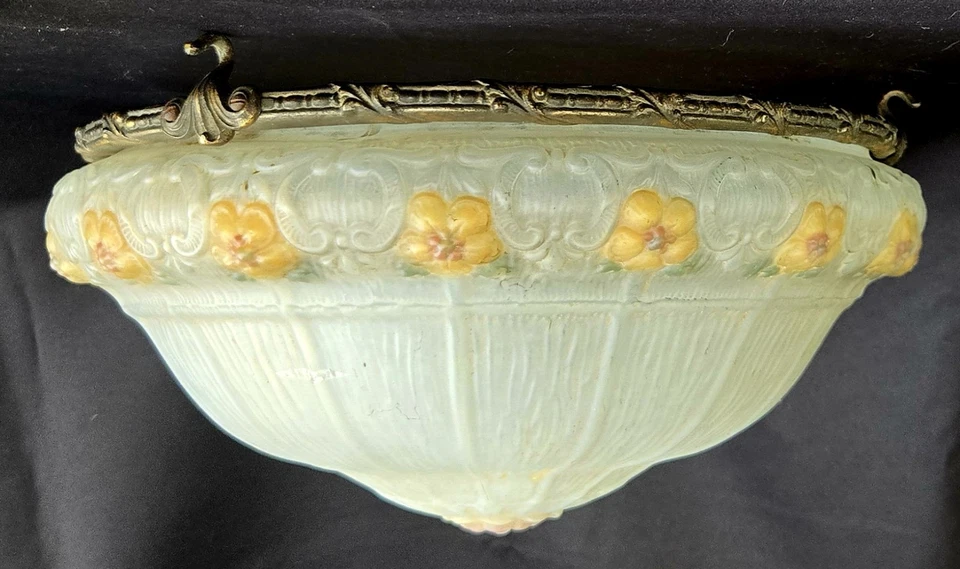 Lámpara de araña grande de vidrio esmerilado y metal con estampado floral Art Nouveau de 14,5" W Foto 2 de 4