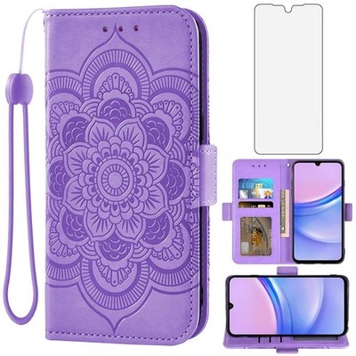 Asuwish Phone Case For Samsung Galaxy A15 5G Wallet Cover Tempered Glass Screen