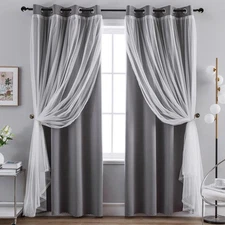 Home Curtains Blackout and Sheer Layered Solid Window Curtain Panel Pair with...