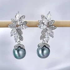 Cubic Zirconia Leaf 925 Silver Post Dangle Gray Pearl Drop Earrings for Women