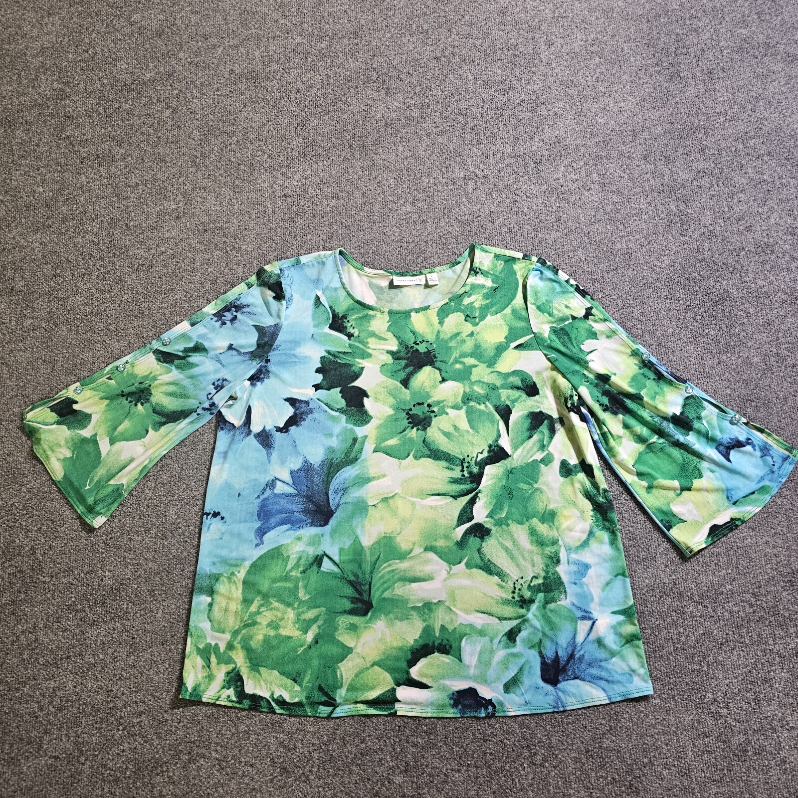 Susan Graver Top Women Large Blue Green Floral Stretch Gemstones Casual Career