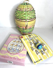 Easter Basket Egg Shaped Woven Wicker/ Lid 10" x 7" Green Grass  2 Bunny Games