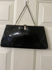 Vintage 50s-60s Black Patent Clutch Bag Brass Clasp, Frame  Chain
