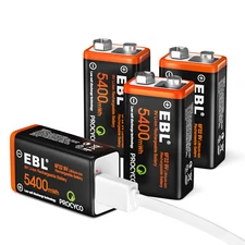 EBL 9 Volt Li-ion USB Rechargeable Batteries 5400mWh 9V Lithium Battery Lot