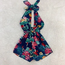 SHEIN Blue Red Yellow Green Floral Halter Rmoper Jumpsuit Shorts M Medium