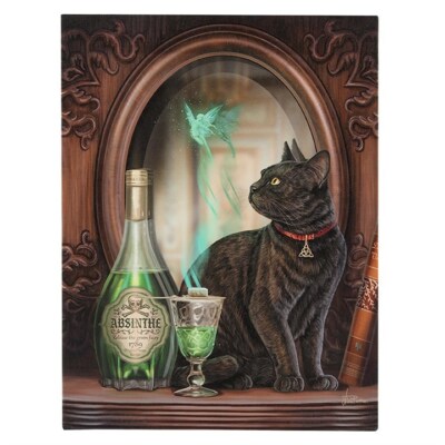 ABSINTH LISA PARKER KLEINES LEINWANDBILD KUNST GOTH SCHWARZE KATZE FEE TRINKFLASCHE