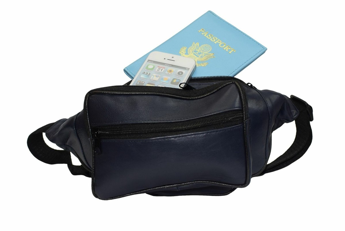 Black Leather Sport Fanny Pack Travel Waist Hip Slim Jogging Bag