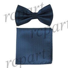 Men's Pre-tied Bow Tie  hankie set Herringbone blue wedding party prom formal
