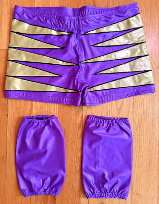 Men's Pro Wrestling Gear Set Wet Purple/Gold Shorts & Knee Pad Covers Sz L