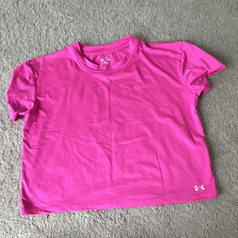 Under Armour Girls Pink Solid Logo Crew Neck Loose Fit Tee YL Short Sleeve
