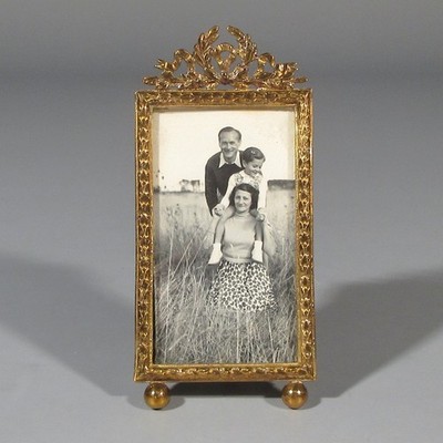 Antique French Gilded Bronze Photo Frame Neoclassic Louis XVI Style Ribbons