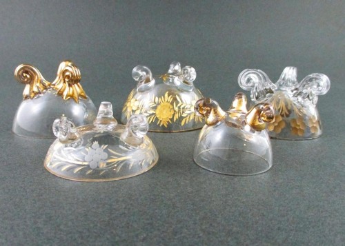 5 pcs - Crystal & GOLD - Triple Toe, Footed OPEN SALT Dips - 3 w/etched Flowers - Picture 6 of 14
