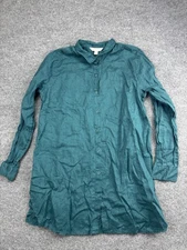 Garnet Hill Linen Dress Womens Large Teal Green Button Front Tunic Long Sleeve