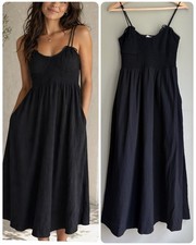 LE LIS Smocked Cotton Midi Dress Tie Strap Babydoll Sundress Pockets S Resort