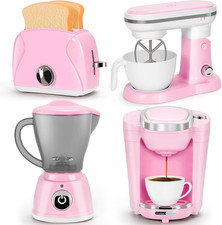 Pink Play Kitchen Appliances Toy Set with Coffee Maker Machine, Mixer, Toaster,
