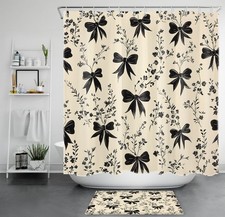 Black Cute Bow Vintage Floral on Cream Shower Curtain Set for Bathroom Decor