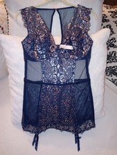 Victoria's Secret Dream Angels 36C Navy Blue Mesh Metallic Lace Garter Corset