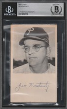 Jim Konstanty (d.1976) Signed 3x5 Index card Photo Autographed 1950 Phillies BAS
