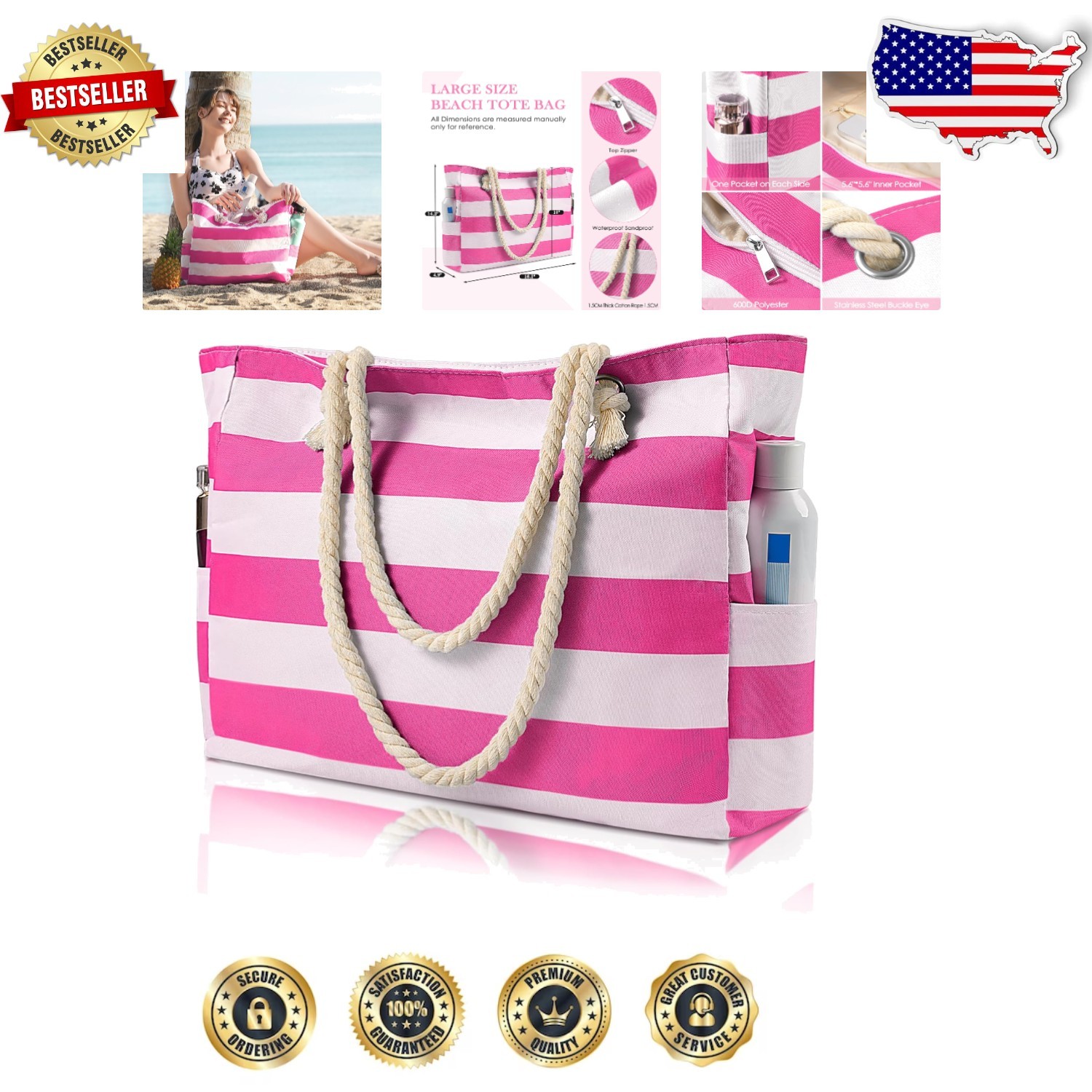 Pink Striped Waterproof Beach Tote with Wet Pocket - Large & Versatile