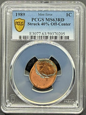 MINT ERROR 1989 LINCOLN CENT STRUCK 40% OFF-CENTER PCGS MS63 RD 07HF26