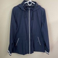 Tommy Hilfiger Women's XL Lightweight Hooded Windbreaker Rain Jacket Blue Zip Up